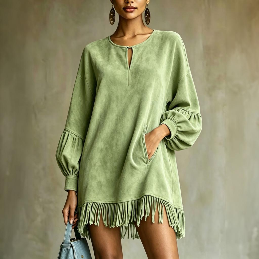 Women's Fashion Sleeve Round Neck Slit Dress Loose Fit