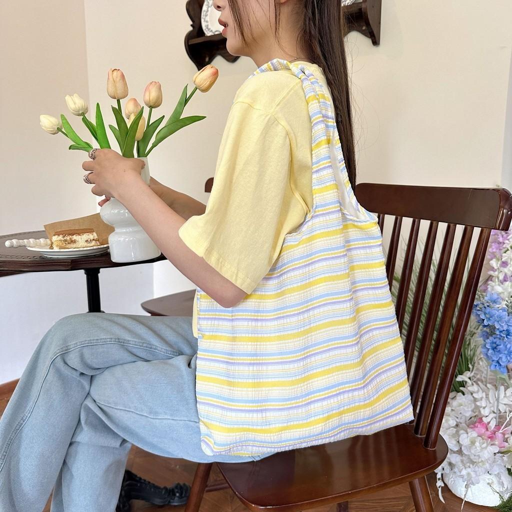 Stylish Dopamine Striped Canvas Tote Bag For Students Large Capacity Summer Handbag