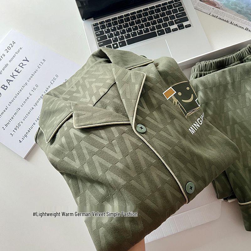 Gande Sammets Herrpyjamas: Höst/Vinter 2025, Varm Hemmadräkt i Större Storlekar, Kan Bäras Utomhus, Tvådelat Set