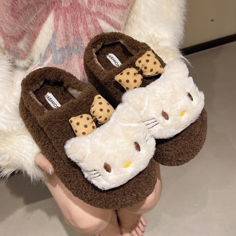 2025 autumn and winter solid color sweetheart bow kt cat hair slippers women's new cute cartoon outer cotton slippers