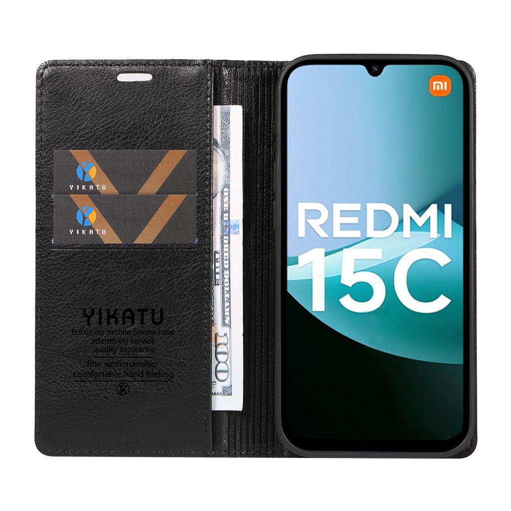 For Xiaomi Redmi 15C 4G (171mm) Wallet Case YIKATU YK-006 Magnetic Closure Leather Phone Cover Litchi Texture