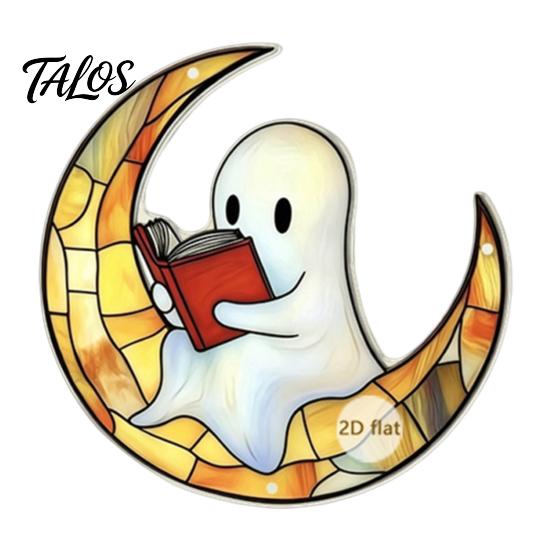 Vintage Window Pendant Halloween 2D Acrylic Decoration with Chain, Bell, Stained Glass Ghost Bat Bell Pumpkin Suncatcher Decor, Wall Hanging Ornament