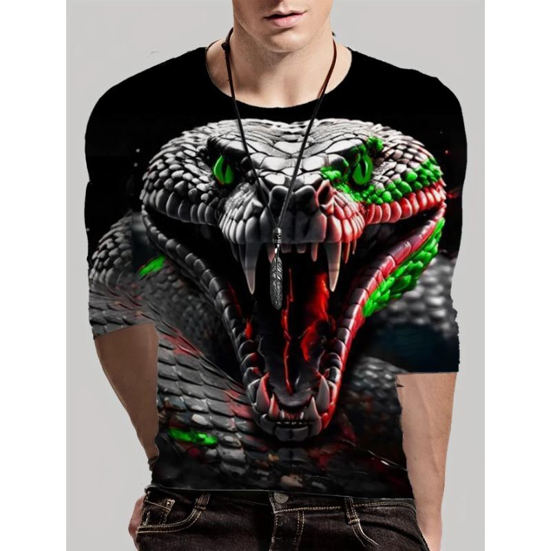 Round Neck 3D Snake Printed Top Casual Long Sleeved Men's T-shirts - Soft Medium Stretch Polyester Fabric Spring and Autumn Relaxed Fit Clothing