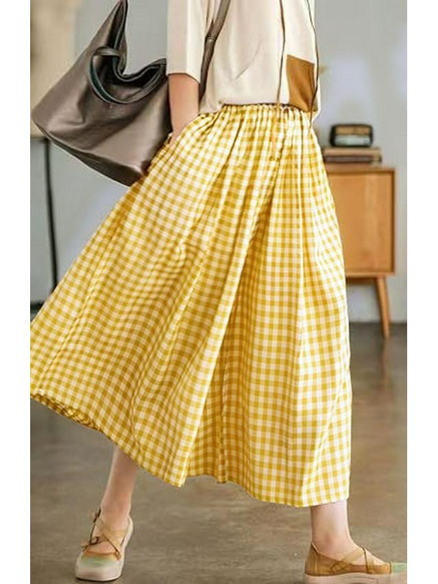 2024 Autumn Plus Size Plaid Cotton Linen Wide-Leg Skirt Pants - Elegant and Casual