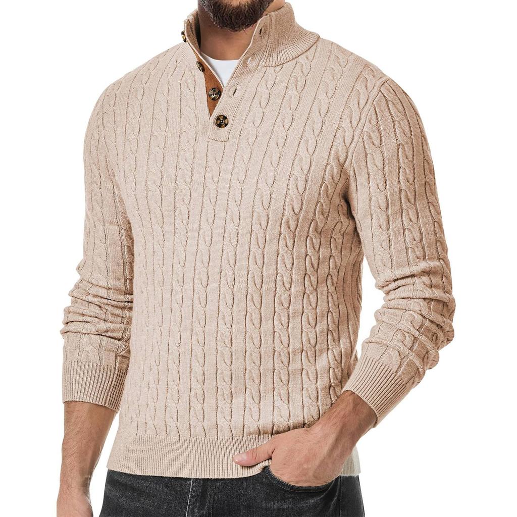 Men's Casual Sports Knit Sweater Slim Fit Button High Collar Patchwork Sweater