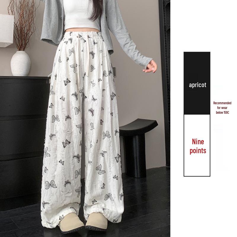 

Sweet Sister Style Butterfly Print Ice Silk High Waist Wide Leg Pants with Rhinestone and Ripped Details Extra Large