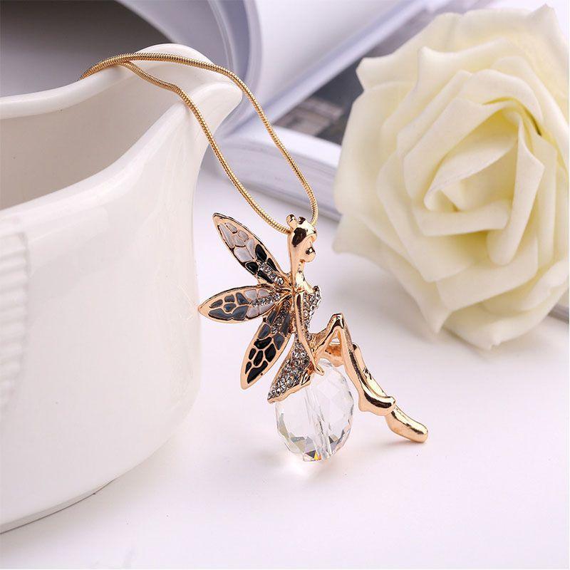 Elegant Fashion Women Crystal Fairy Angel Wing Pendant Long Chain Necklace Gift