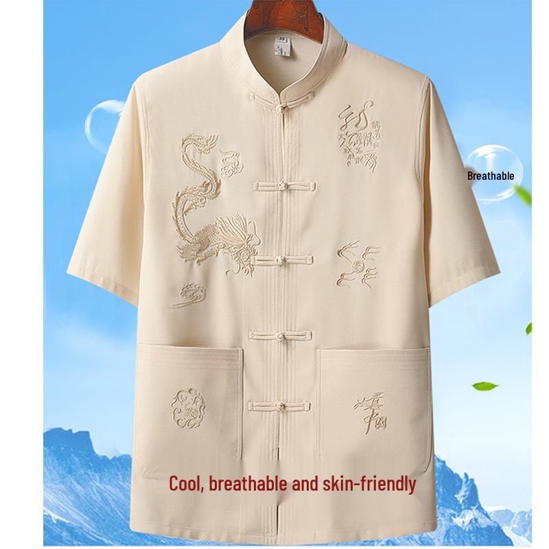 

Мужской вышитый танский костюм с коротким рукавом - Свободный крой, комплект с драконом для отцов и пожилых людей 4XL