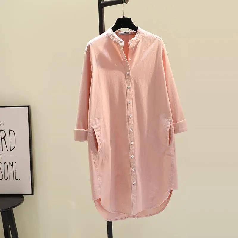 

Женское осеннее платье-рубашка с отворотом и длинным рукавом, хлопковые платья с разрезом, элегантное однотонное офисное женское платье-туника XXL розовый
