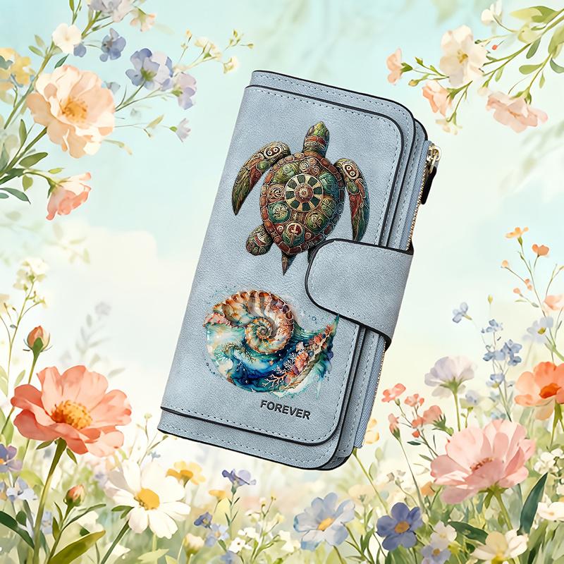 Women's Turtle Long Wallet Tri - Fold Card Holder Multi - Pocket Printed Zipper Wallet Cash ID Credit Card Organizer Gift for Family Friends Fun