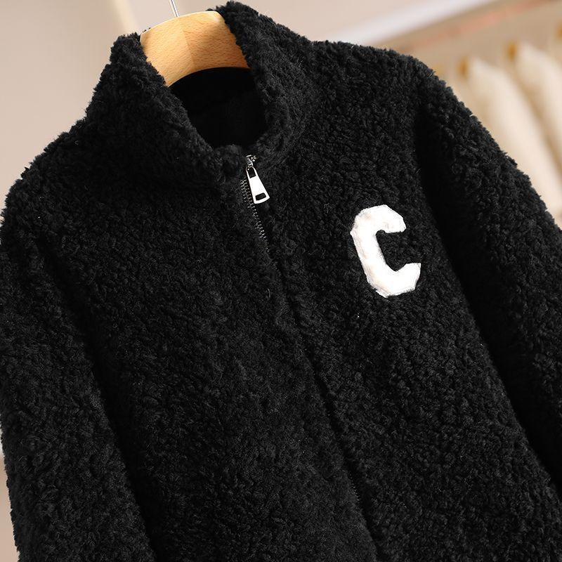 New autumn and winter thickened fried street design sense black fluffy baseball jacket women's fleece white