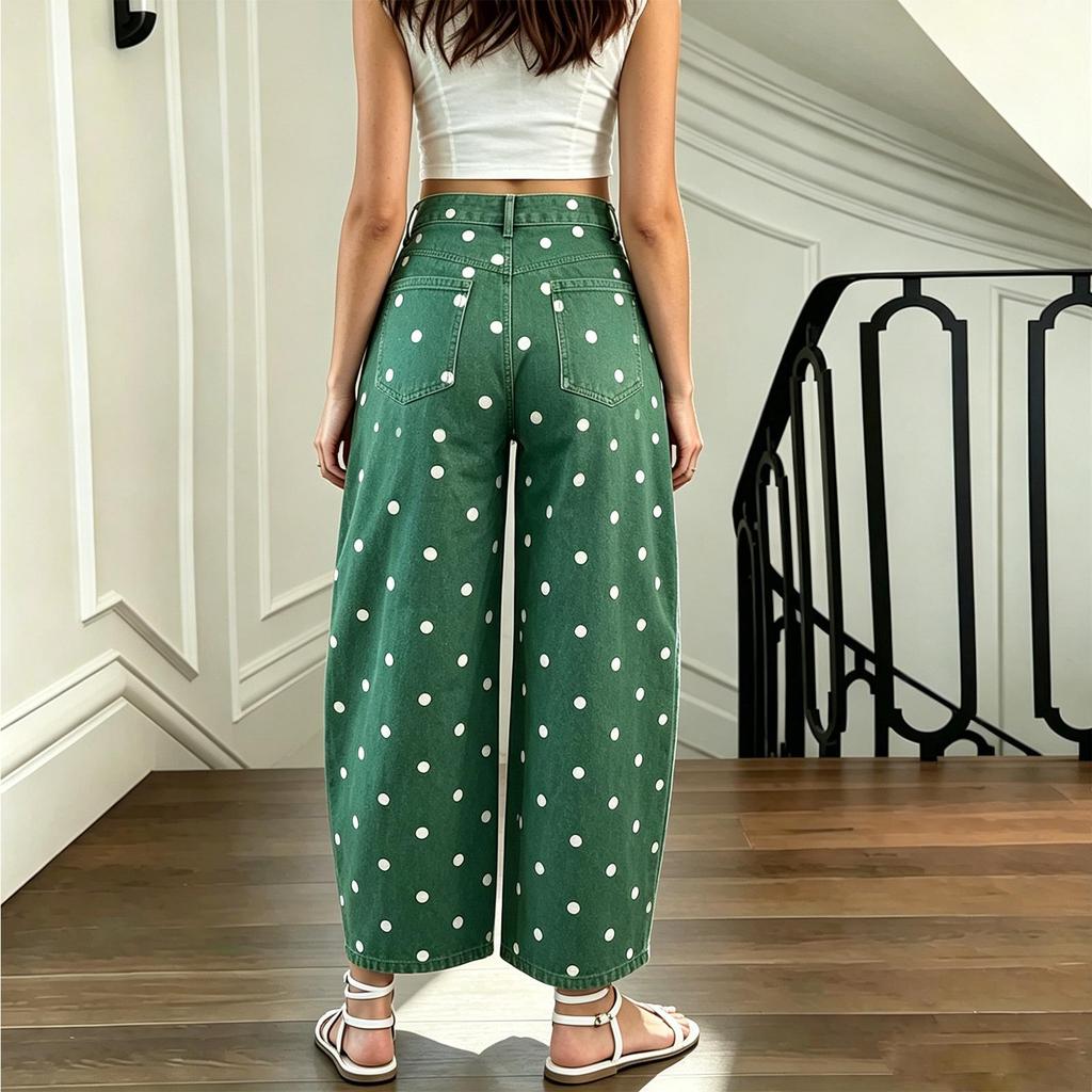 TEMU Women's Mid-Waist Loose Straight-Leg Cropped Jeans with Large Polka Dots