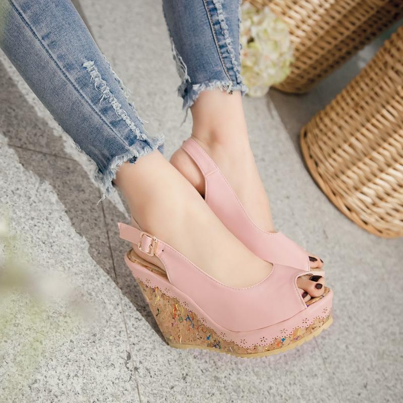 Women's wedge sandals summer new waterproof table hollow large size fish mouth sandals