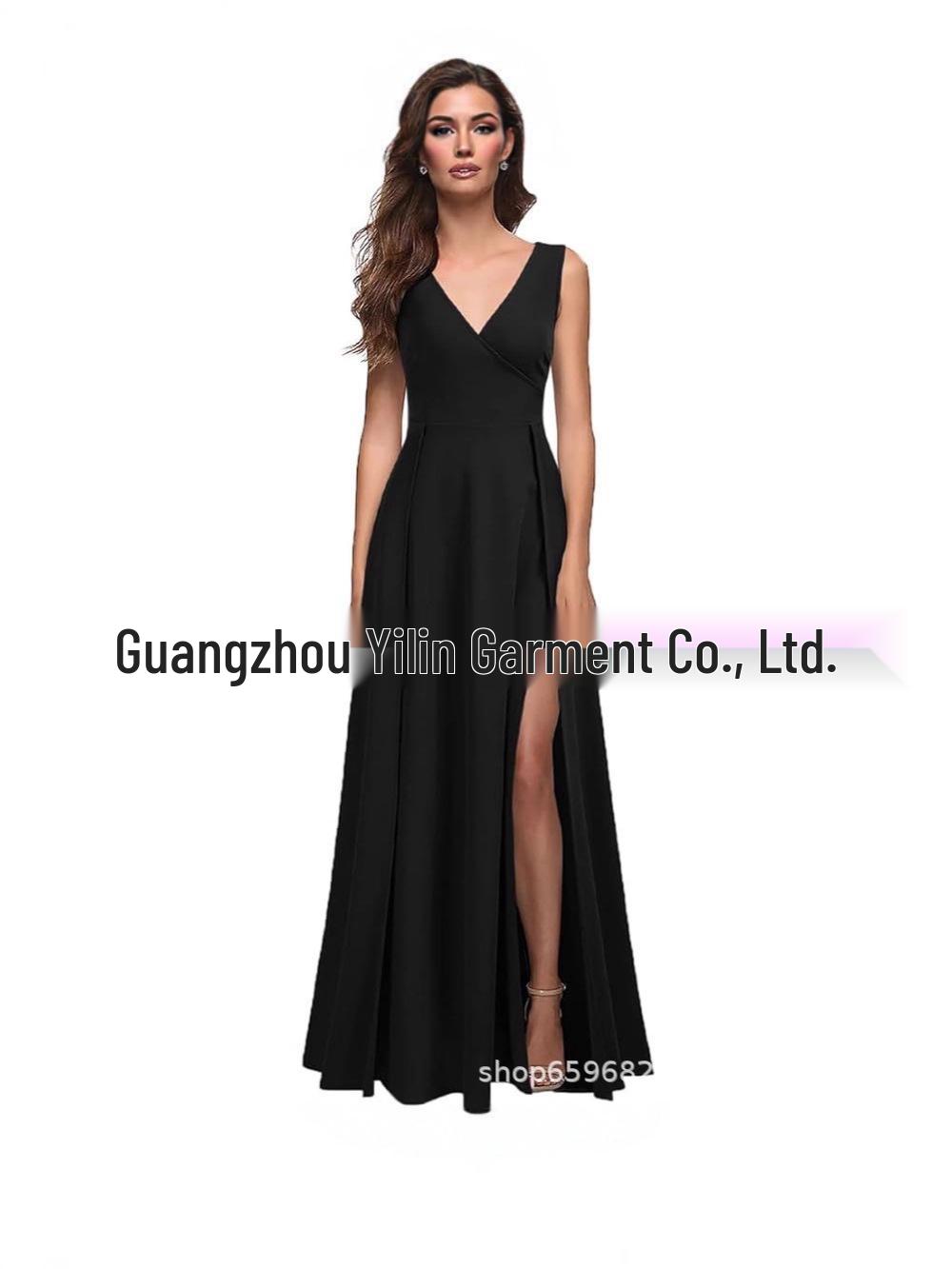 

2025 Elegant Black Sleeveless Slit Dress - European & American Fashion Extra Large чёрный