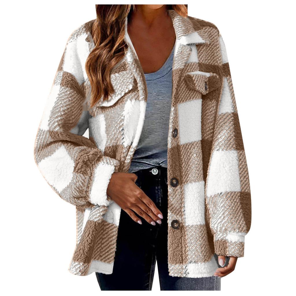 Plaid Pattern Button Front Teddy Coat, Peplum Long Sleeve Winter Warm Coat, Women's