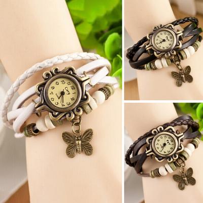 Watch Bracelet Butterfly Pendant Beads Braided Strap Retro Faux Leather Multi-layer Bohemian Style Lady Wristband Wrist Jewelry