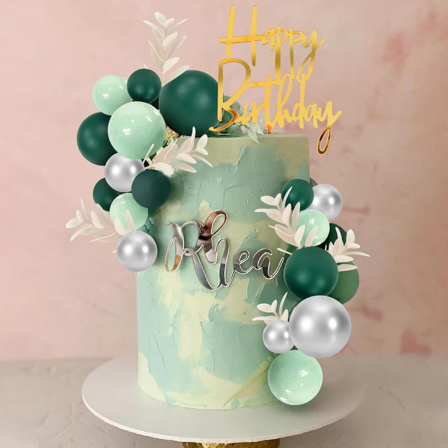 

Green Balls Cake Topper Boho Grass Cake Topper Dark Green Silver Pearl Balls Cake Decorations for Wedding Baby Shower Birthday