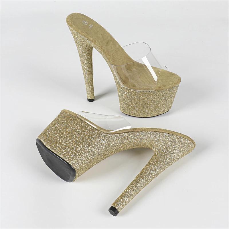 Eilyken Street Style Sequin Cloth PVC Transparent Open Toe Women Slippers Stiletto Heels Nightclub Fashion Stripper Mules Shoes