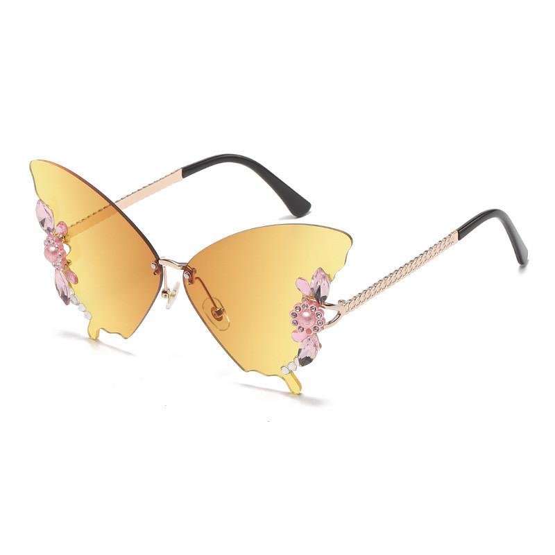 Chic Butterfly Shaped Rhinestone Rimless Sunglasses Women Trendy Exaggerated Sunglasses Female Round Face Big Face Gold Frame Uv400 StyleF