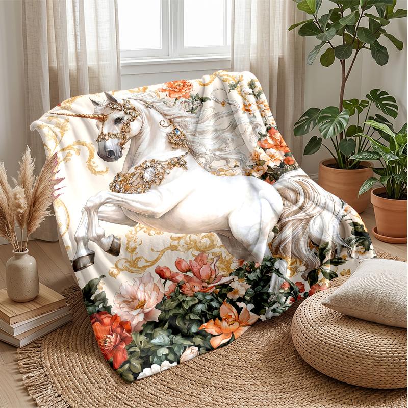 Elegant Black Unicorn Theme Blanket Lightweight Warm Flannel Blanket Decorative Throw Blanket for Home Decoration