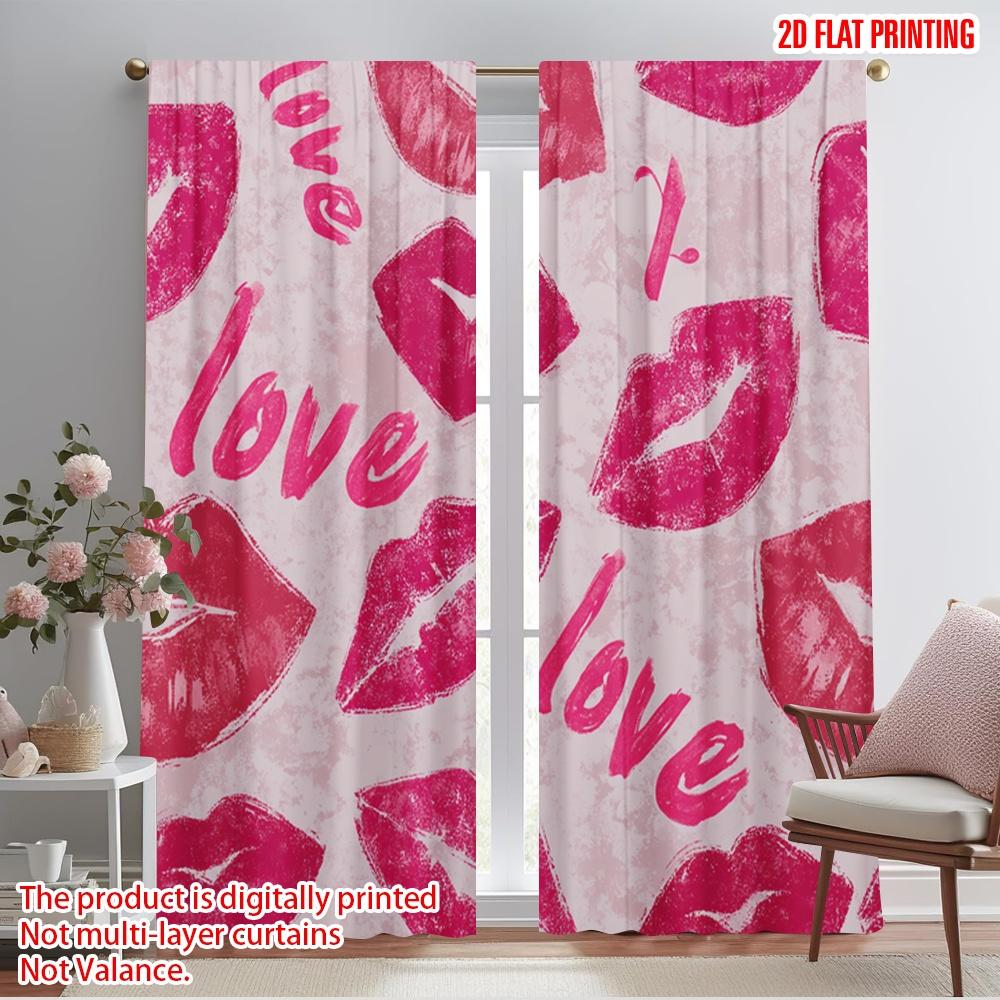 2pcs,2D plane printing Creative Curtains Pink Lips and Hearts Polyester Fabric (without rod) Versatile All Perfect for Bedroom,