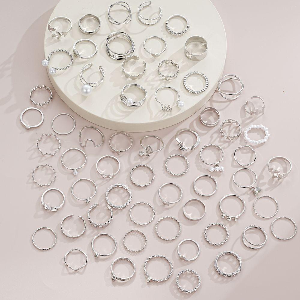 64Pcs/set Fashion Butterfly Heart Leaves Ring Set Crystal  Artificial Pearls Silver Rings for Women Jewelry Accessories