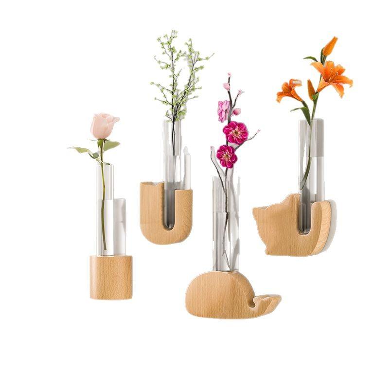 Originalität Mini Magnetische Vase Niedlicher Stil Massivholz Glas Reagenzglasvase Blumenarrangement Kühlschrankmagnet Deko Blumenvase