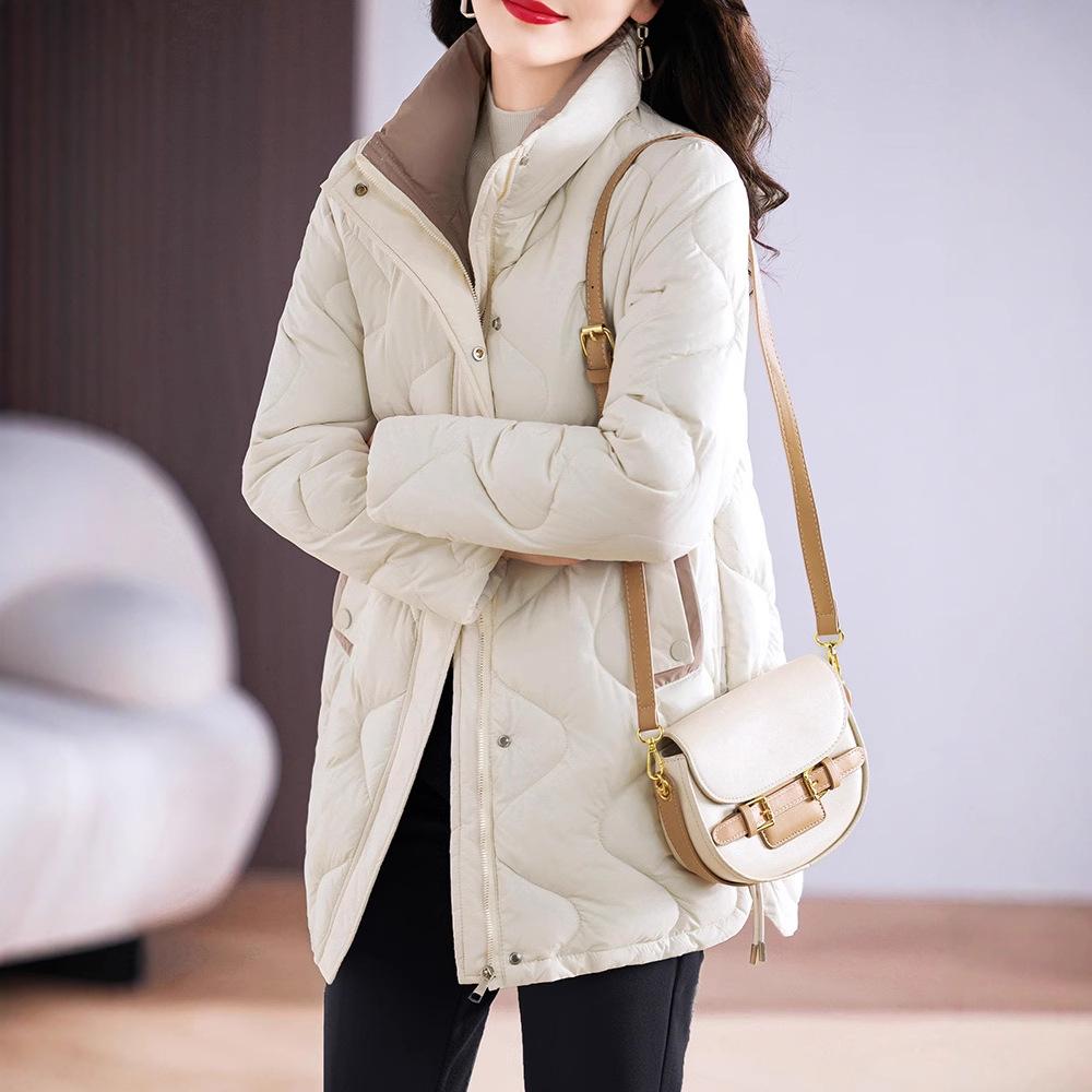 Stand-up collar without hat down cotton clothes women's medium and long warm loose large size middle-aged mother's new winter fashion coat