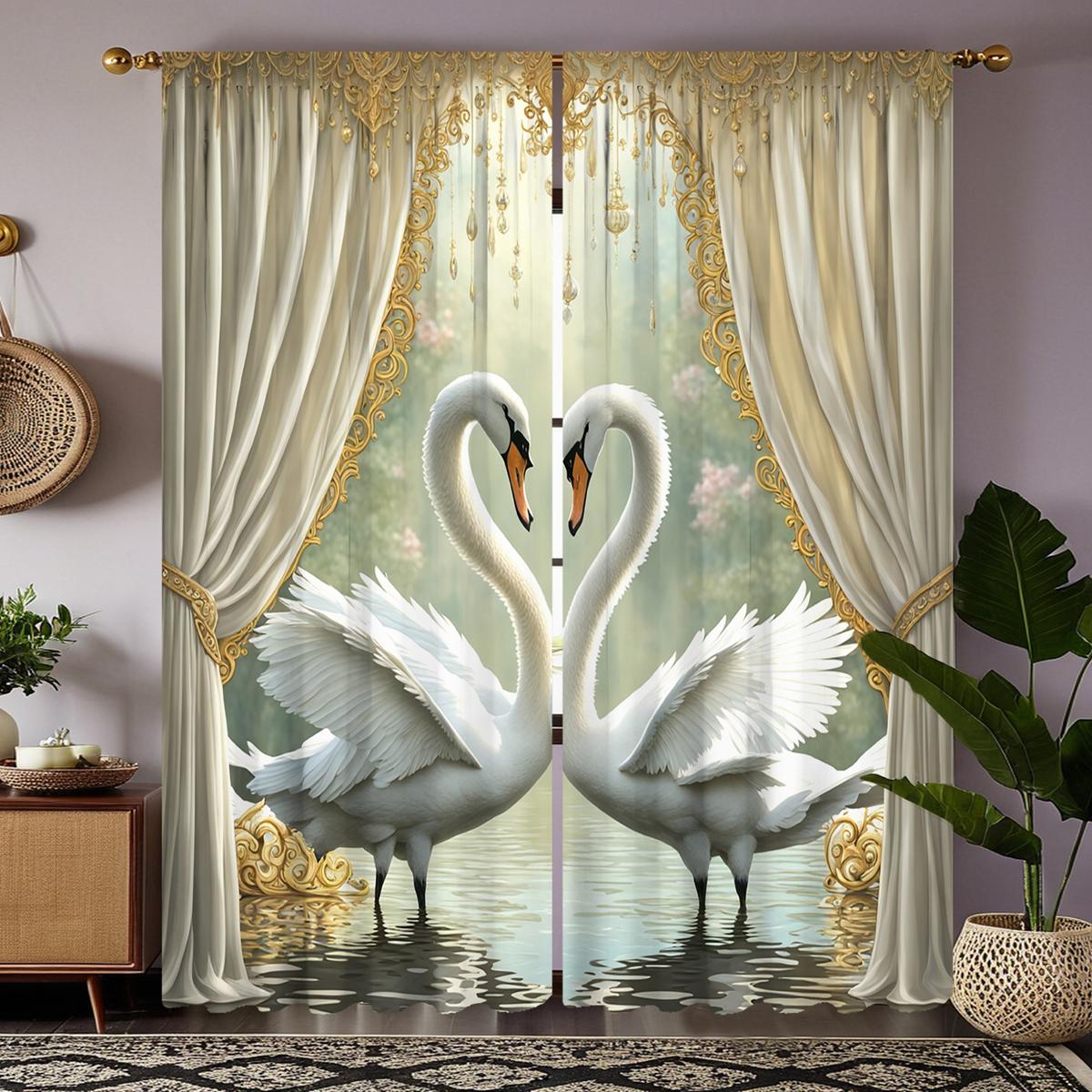 

2-х компонентный HD цифровой белый галстук теплый Лебединое озеро занавеска украшение дома стиль украшение гостиная спальня носить штанга эффект занавески W52H63inchW132H160cm