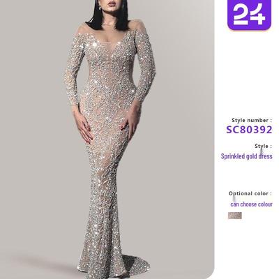 2025 European and American Spring Evening Dress: Sexy Slim Long-Sleeved Hot Stamped Skirt for Banquets
