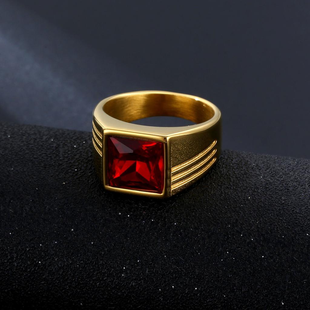 Modischer Trendring mit rotem Edelstein, Titanstahl, Stilvoller Statement-Schmuck