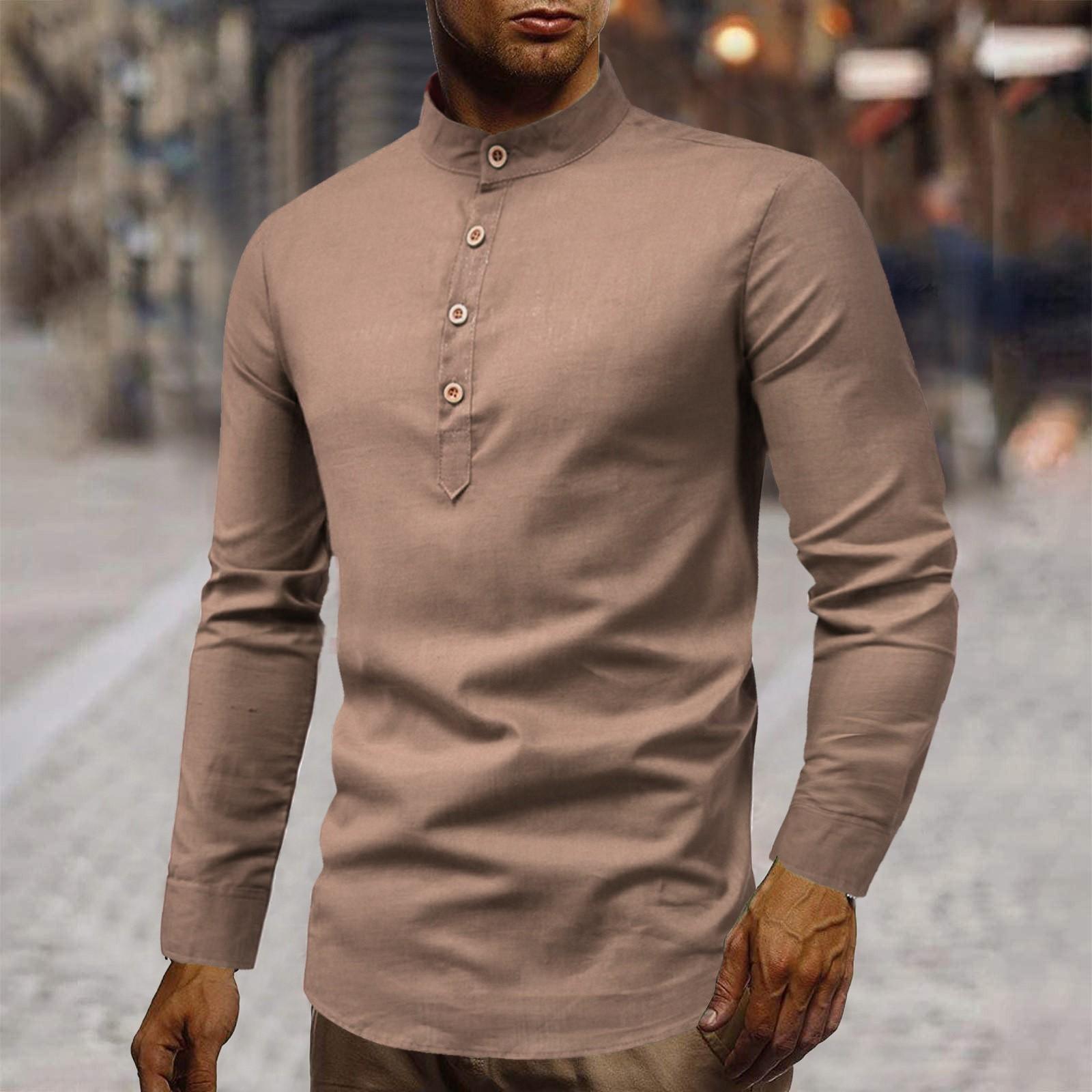 

Men s Fashion Slim Fit Color Long Sleeve Business Stand Collar Cotton Hemp Half Open Men s Shirt XXXL коричневий