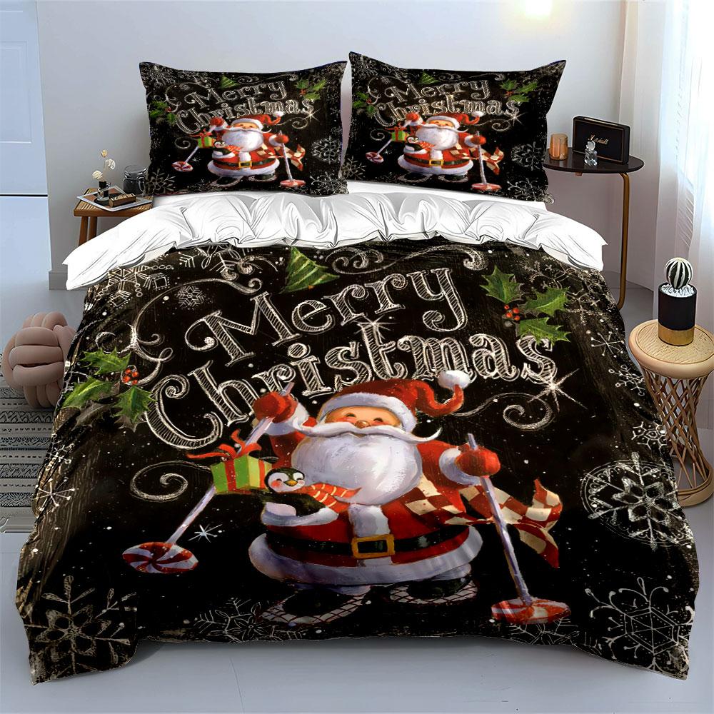Santa Skiing Merry Christmas Bedding Duvet Cover Set Duvet Cover Pillowcases  (1*Duvet Cover 2*Pillowcases, without duvet insert)