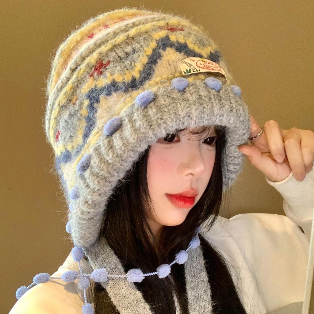Fair Island retro knitted balaclava hat women's autumn and winter face small balaclava hat thickened warm ear protection hat