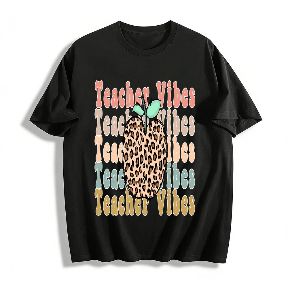 Leopard Print Apple Teacher Vibes Casual Top Pure cotton T-shirt XXS