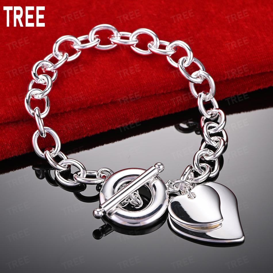 925 Sterling Silver Heart-To-Heart Side Chain Charm Romantic Bracelet Gift Jewelry 20CM