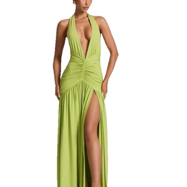 European and American Summer New Solid Color Temperament Low-cut Backless, Slit Pleated Splicing Spice Girl Slim Dress