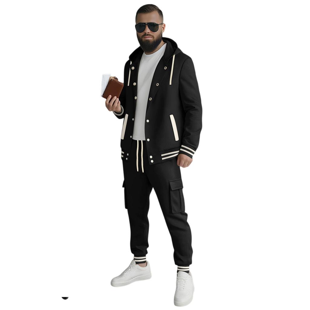 Men's Snap-Button Hooded Baseball Jacket Casual Sports Cardigan Long-Sleeved Workwear Pants Set