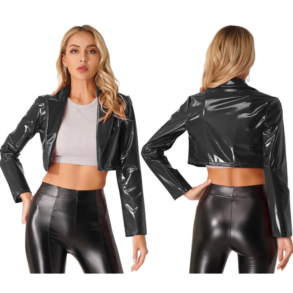 Womens PU Faux Leather Long Sleeve Jackets Slim Fit Party Coat Ladies Fashion Leather Jacket Dance Costume