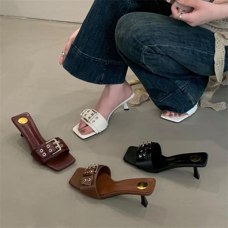 Design Buckle Strap Square Toe Women Slippers Fashion Low Heels Party Slide Shoes Summer Sandals Zapatos De Mujer