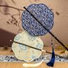 Chinese Style Hanfu Cheongsam Waist Fan, Rollable and Flexible Purple Bamboo Long-Handled Fan, Retro Purple Bamboo Tassel Round Fan, Classical