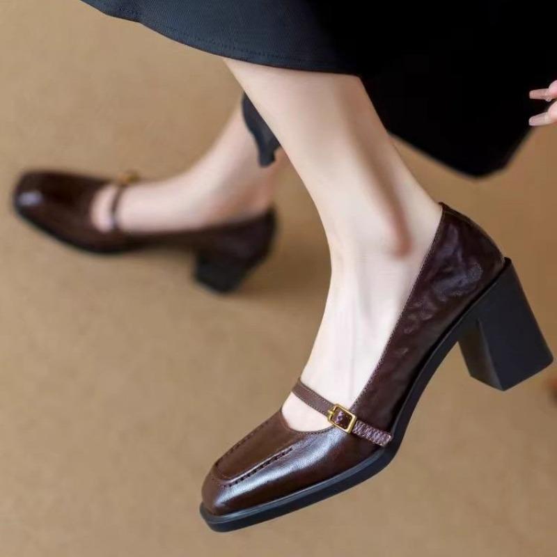 Fashion Genuine Leather One Word Belt Shallow Mid Heel Pumps Mary Jane All-Match Casual Shoes Square Toe Platform Lovely Women Sandals
