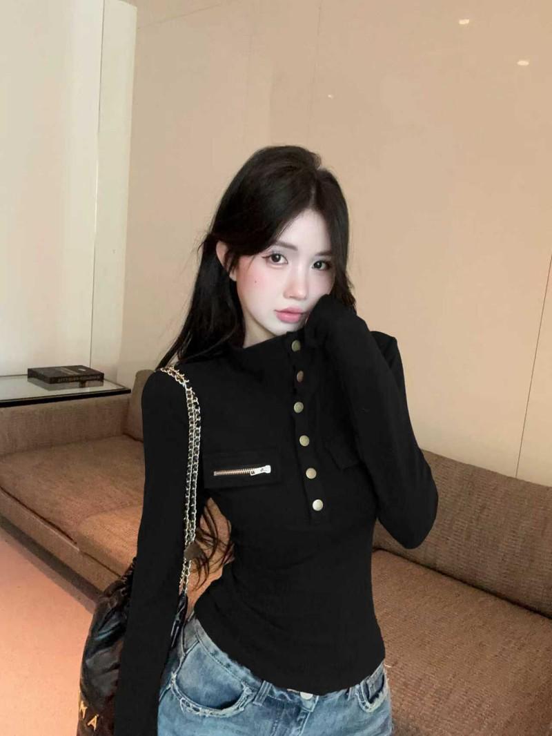 

Women s High-Neck Slim-Fit T-Shirt: Spicy Style, Long-Sleeve, Waist-Cinching, Perfect for Autumn and Winter. S чёрный
