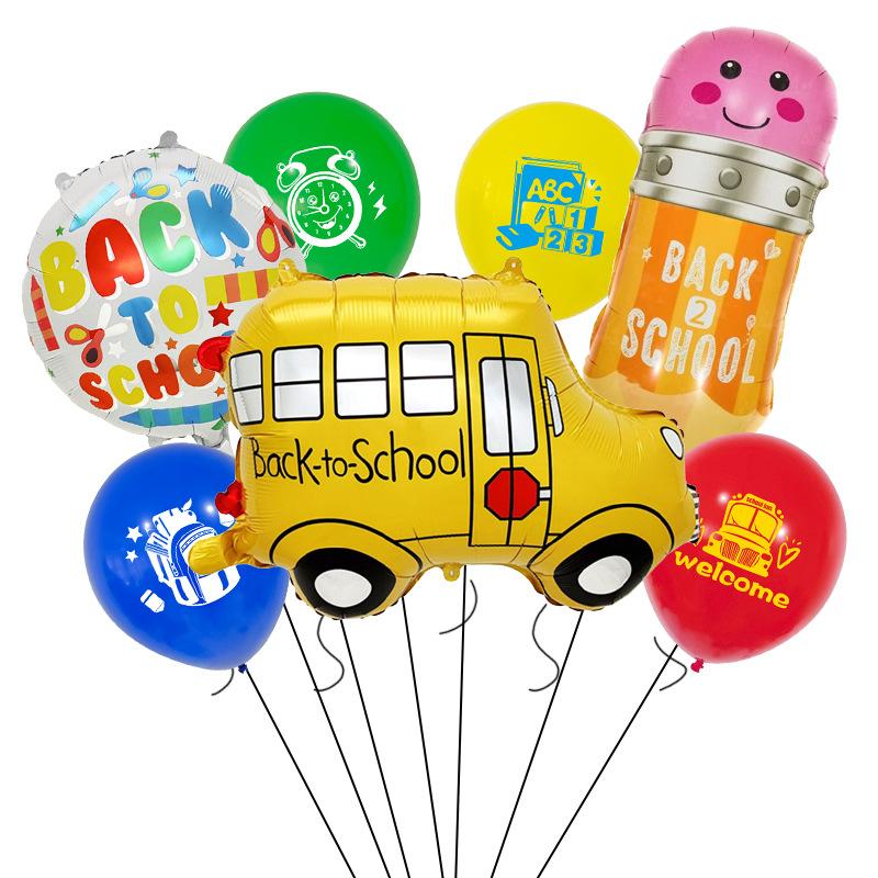School Season Arrangement Balloon Set Back To School Decoration Schoolbag Pencil School Bus Modeling Classroom Decoration Photo