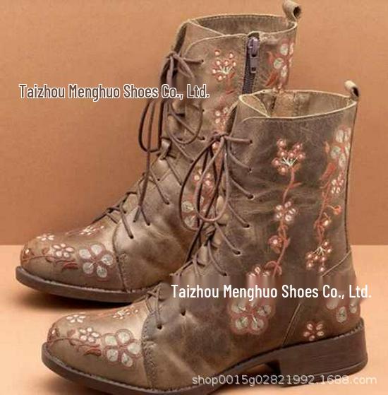 Retro Ethnic Round Toe Lace-Up Embroidered Ankle Boots - Women s Plus Size, Chunky Heel Winter Style. 39 хаки