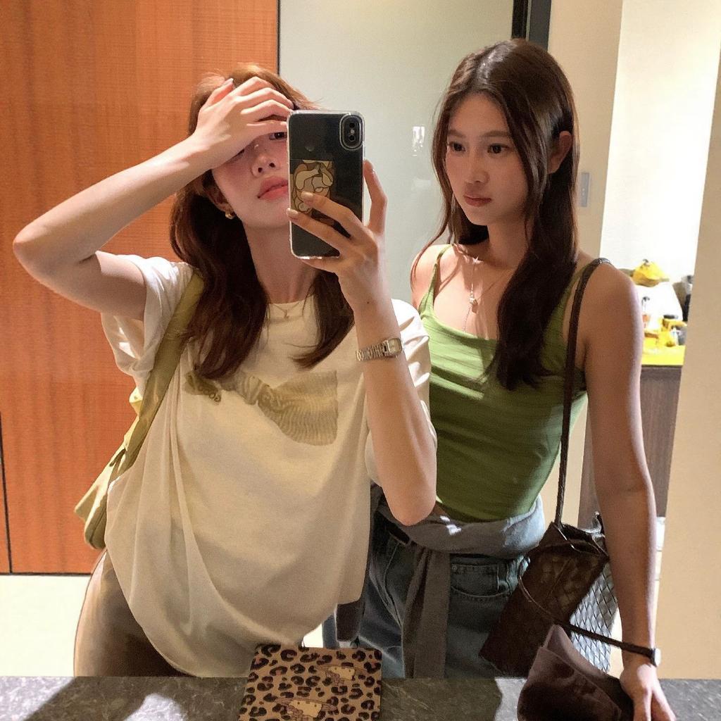 Korean apricot bow print short-sleeved T-shirt women's summer new loose and versatile slim crew neck top