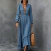 Women's Color Chiffon V Neck Long Sleeve Bohemian Dress with Asymmetrical Ruffle Hem