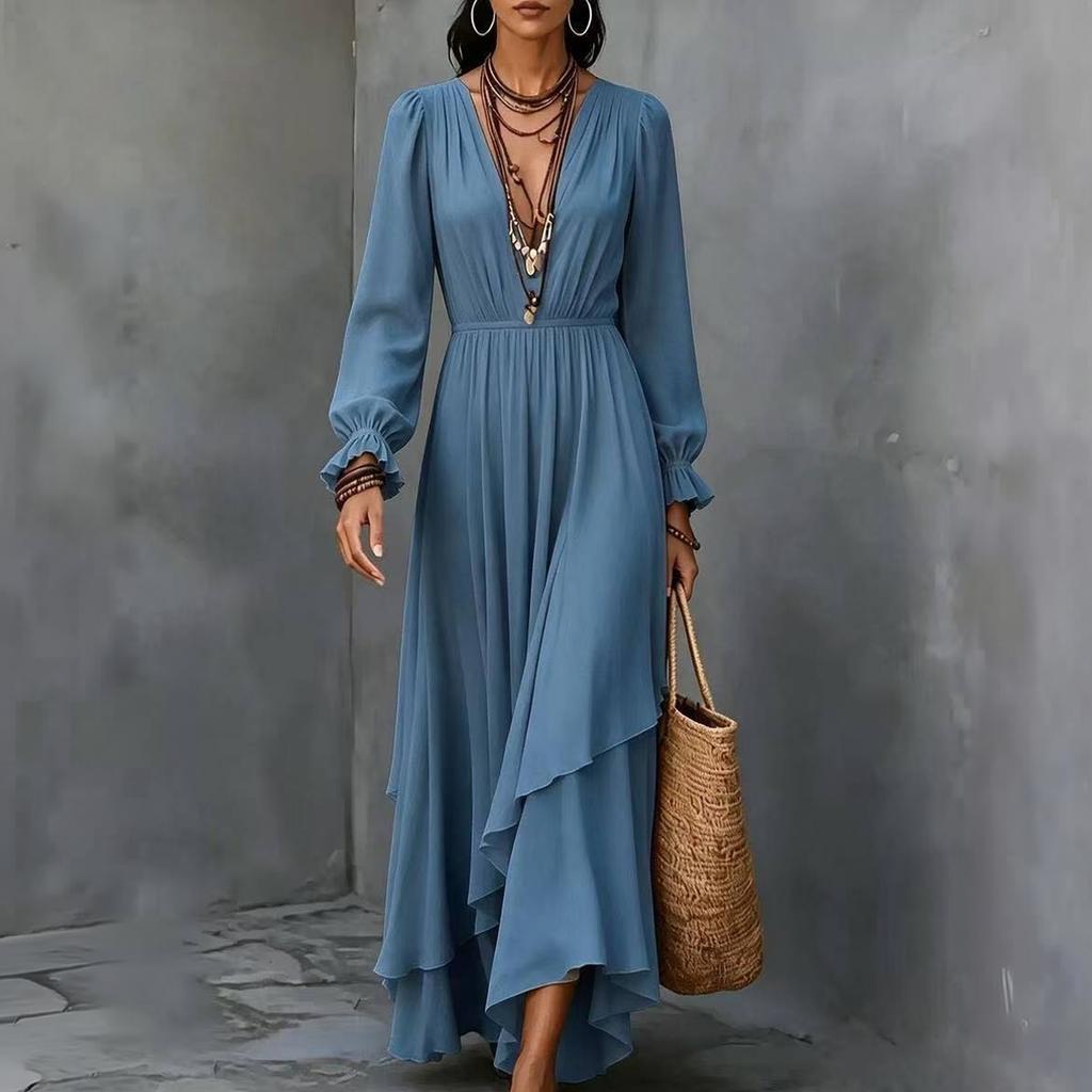 Women's Color Chiffon V Neck Long Sleeve Bohemian Dress with Asymmetrical Ruffle Hem