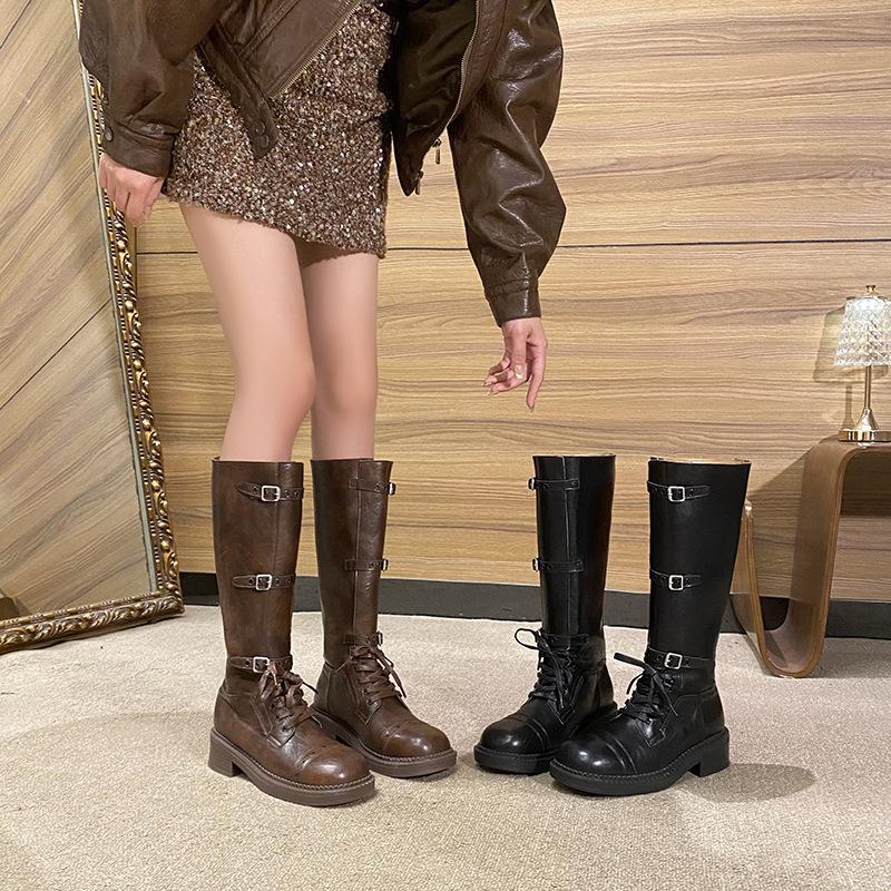 Leather Miu Home Thick-soled Heightening Buckle Boots Women's Autumn and Winter New Maillard Wind Tall Western Knight Boots