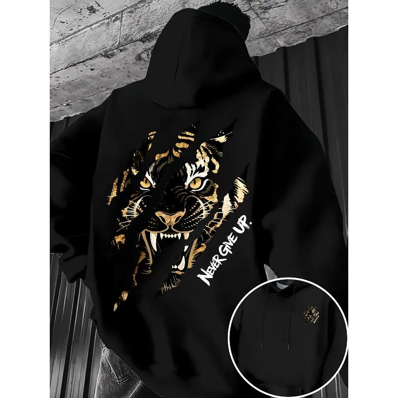 Comfort Warm Fleece Men Hoodie Tiger Scratch Graphic Never Give Up Slogan Back Print Outdoor Sports Casual Hooded Sweatshirt